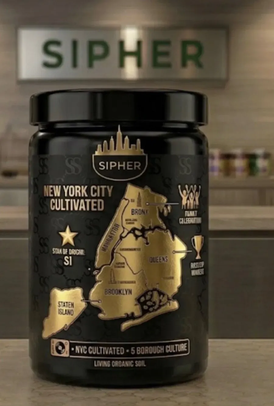 The Sipher jar on a shelf, with a gold five-borough map